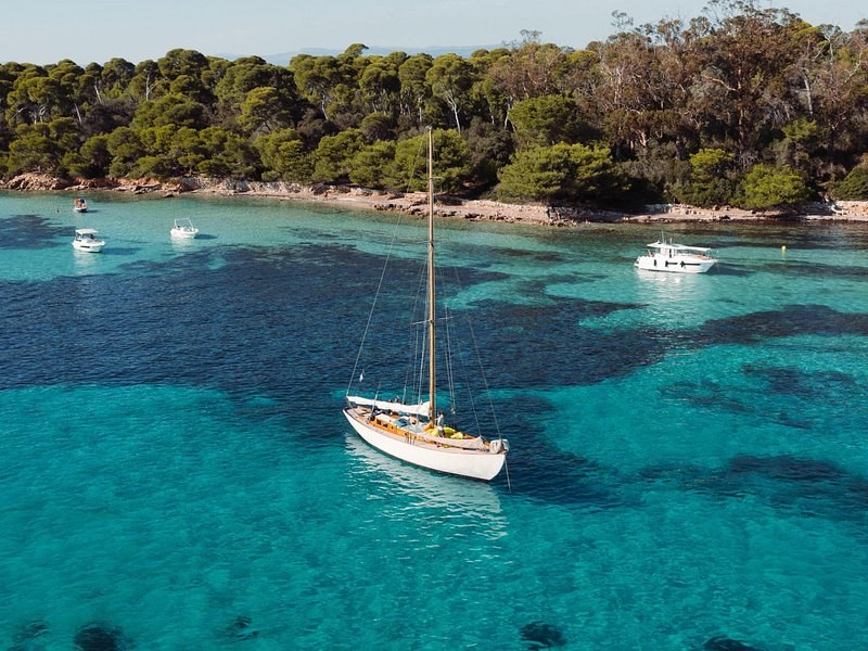 A sailing boat anchored in clear turquoise water off a pine-covered island